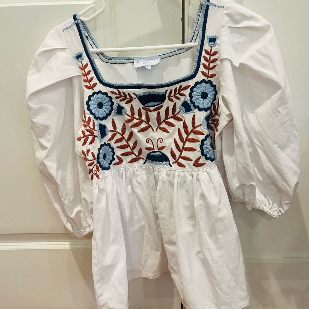 Mi Golondrina White Blouse with Blue and Brown Embroidery